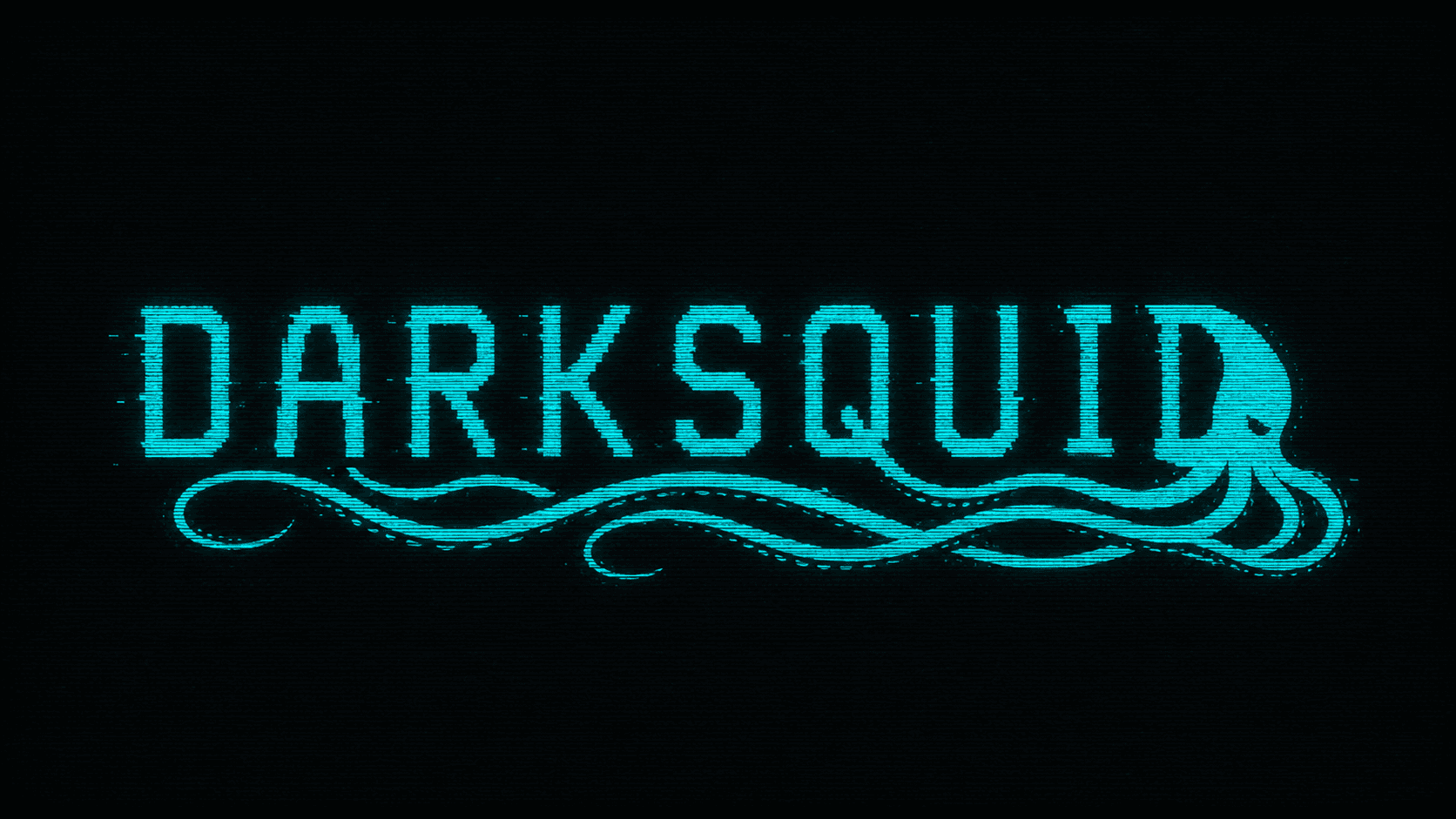 DARKSQUID — CRT kraken wordmark in cyan with tentacles extending below